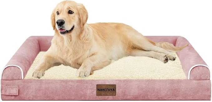 Orthopedic Dog Bed for Large Dogs, 36 x 27 Inch, Pink | Egg crate foam for joint support, 3-sided bolster pet sofa, waterproof lining, washable cover, and non-skid base