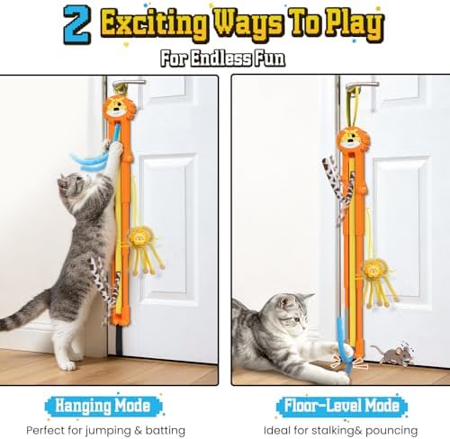 Cat Toys for Indoor Cats, 2 in 1 Door Hanging Cat Toy Interactive Automatic Moving 2 String Tails for Multi-Cat Households, Plush Dangler for Kitten Toys Hide and Seek Motion Activated, 4 Sounds/Off
