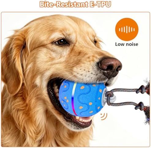 Interactive Dog Ball Toy with 2 Rope, Automatic Rolling & Bouncing Smart Dog Toy with Bird Chirping Sound and LED Light, Soft ETPU Chew-Safe Material, USB Rechargeable, for Medium & Large Dogs