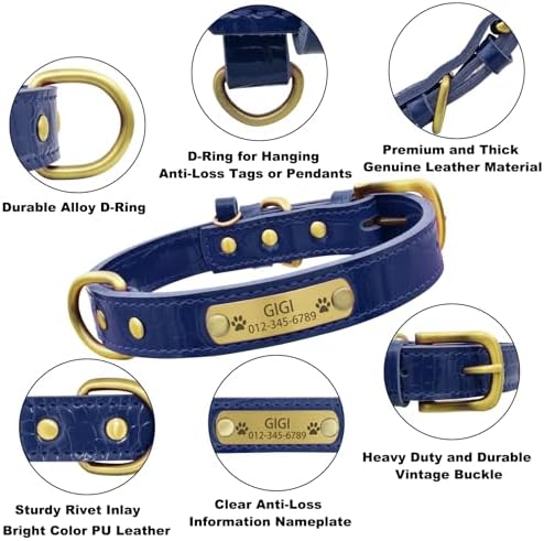 Personalized Genuine Leather Dog Collar with Engraved Name Plate - Durable and Stylish Custom Dog Collar for Small, Medium, and Large Dogs (M,Blue)