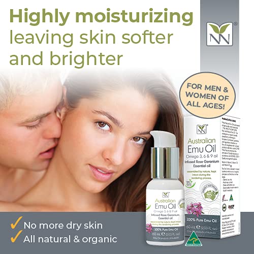 Y Not Natural Pure Emu Oil - Organic Moisture for Face, Body, Hair, Scalp & Nails - Rich in Omega 3-6-9, Vitamins & Essential Minerals - Australian Emu Oil (60ml) 2.03 fl oz - Rose Geranium