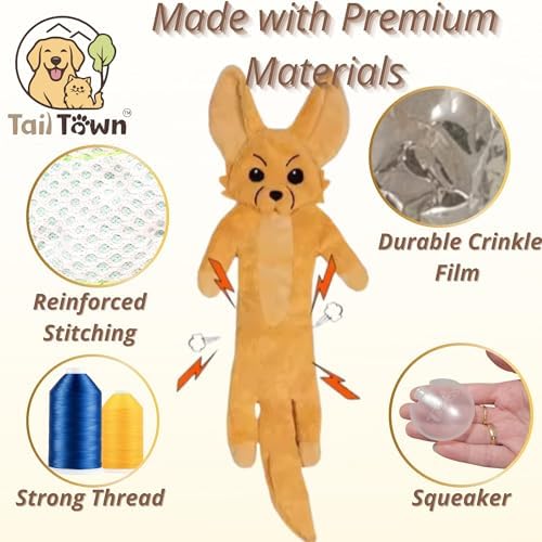 Fox Dog Toy, No Stuffing Plush Squeaky Crinkle Toy for Gentle Chewing & Interactive Play, Puppy Chew Toy for Small Medium Large Dogs, Tail Town