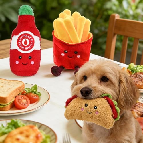 3-Pack Squeaky Dog Toys Funny Taco Plush Dog Chew Toys Set with Built-in Squeakers, Interactive Stuffed Pet Toys for Small Medium Large Dogs