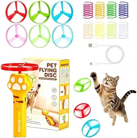 Cat Dog Launcher Toy, Rechargeable Interactive Pet Toy with LED Lights Cat Fetch Toys with 6 Flying Spinner Discs, 8pcs Cat Spring Toy, Adjustable Launch Control for Hunting Indoor Outdoor