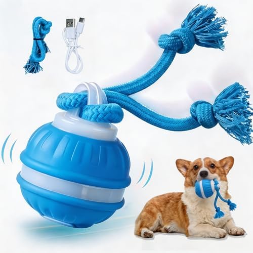 Interactive Dog Toys Automatic Rolling Ball with Rope Blue