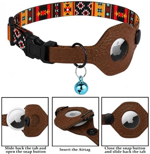 Breakaway Cat Collar with Leather AirTag Holder & Bell - Apple Air Tag Cat Collars for Girls & Boys, Lightweight Anti-Lost GPS Tracker Design, Printed Pattern - Safety and Adjustable (Western)
