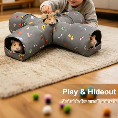 4-Way Small Pet Tunnel with Top Cave, Collapsible Interactive Hideout Tunnel for Hamster, Guinea Pig, Gerbil, Chinchilla, Dwarf Rabbit & Other Small Animals