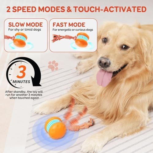 Interactive Dog Ball,Random Path Electric Moving Dogs Toy with Rope | Motion-Activated Automatic Rolling Interactive Dog Toy, USB-C Charging, 2 Speeds, For Small/Medium/Large Dogs.