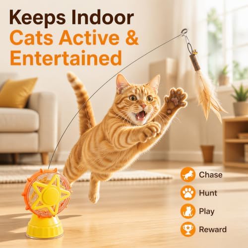Interactive Cat Toy for Indoor Cats, Treat Dispenser with Reusable Adhesive Base, Feather & Plush Teasers for Exercise and Independent Play