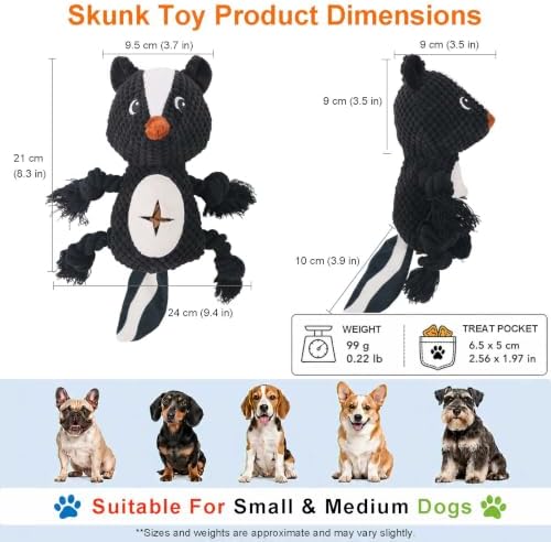 Dog Squeaky Chew Toy, Plush Crinkle Rope Dog Toy - Black Skunk