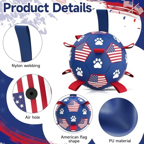 QDAN Dog Balls with Straps, Large Herding Balls for >90lbs Dogs, Soccer Toy | 9 Inch Soccer Ball for Dogs with Tabs for Outside Play, High Energy Dogs to Keep Them Busy, Interactive Tug Toy for Training