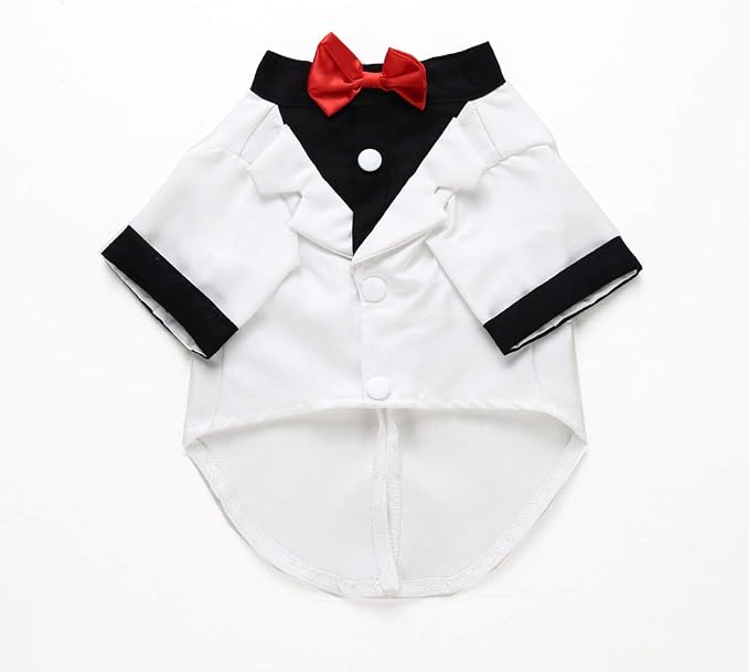 GabeFish Pets Wedding Jacket for Dogs - White Bow Tie Tuxedo Large