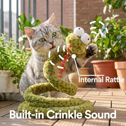 ZEZE Forest Snake Spring Interactive Cat Toy with Scratch Base, Bouncy Spiral Plush Teaser with Crinkle Sound & Ribbon, Self-Play Boredom Relief for Indoor Cats