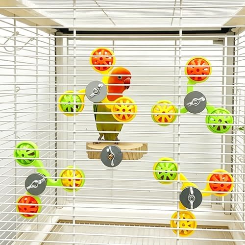 Spinning Bird-Toys Bird Cage Toys & Bird Perch Parrot-Parakeet Budgie Cockatiel Conure Macaw Chicken Parrot Enrichment Cage Accessories Small Animal Chewing Toy (Yellow Spinner Bell)