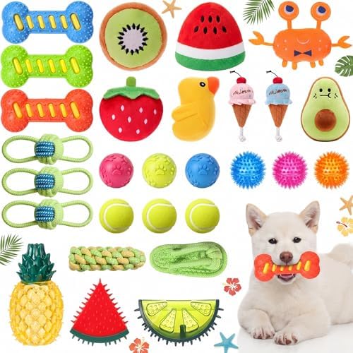Outus 32 Pcs Summer Dog Squeaky Toys Set Puppy Chew Toys Pack Includes Squeaky Plush, Cotton Rope, Tennis Balls, Cooling Fruit Chew with Storage Bag for Summer Medium Dog Pets Teething Playing