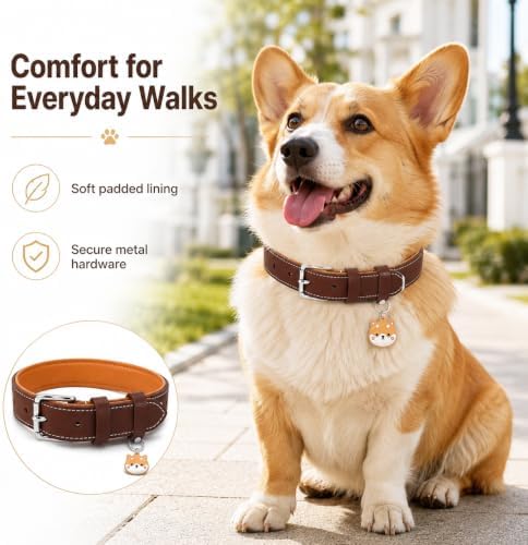 Genuine Leather Dog Collar, Soft Padded Leather Dog Collars with Airtag Holder Case for Small Medium Large X-Large Dogs,Comfort Heavy Duty Pet Collar with Durable Metal Buckle & D-Ring-Brown/S