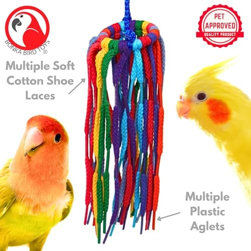 Bonka Bird Toys 51214 Small Aglet Heaven Cotton Shoelace Toy with Plastic Aglets and 2" Ring for Parakeets Cockatiels Quakers Pionus Small Bird Enrichment