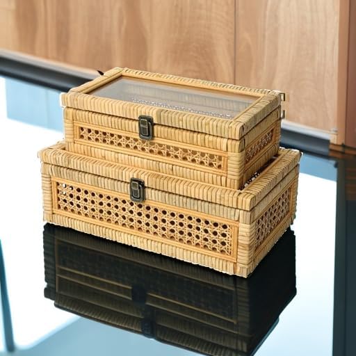 DECOR4SEASON Rattan and Cane Stacking Boxes with Glass Top Lid - Set of 2 for Boho, and Rustic Farmhouse Decor | Natural Rattan Texture, Vintage Trunk Style, Decorative Storage Boxes for Boho, and Rustic Farmhouse Decor