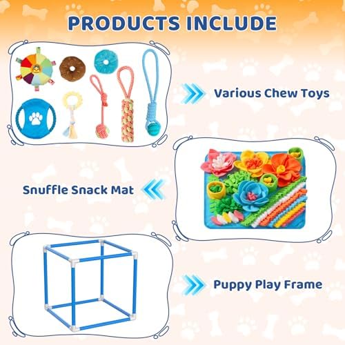 Puppy Play Gym with Snuffle Mat & 8 Toys (Blue,19.6″ x 19.6″ x 19.6″‌)