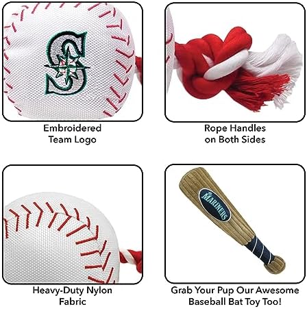 Pets First MLB Seattle Mariners Baseball Rope Toy for Dogs & Cats. Tough Nylon, Sporty Baseball Design, Heavy-Duty Ropes with Inner Squeaker