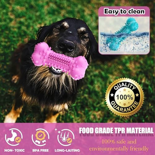 Toothbrush Dog Chew Toy, Stick Bone for Dog Teeth Cleaning, Tooth Brushing, Teething Chew Toys, Interactive Treat Dispenser Toy & Bite and Brush Toy for Medium and Large Dogs - Pink