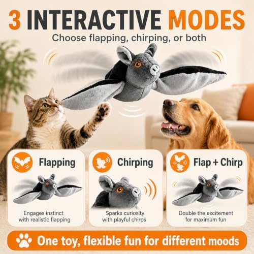 Flying Bat Dog Toy, Flying Bat Toy for Dogs & Cats with Flapping Wings and Chirping Sound, Motion-Activated Interactive Pet Toy for Hanging, Ground and Indoor Chase Play (1PC)