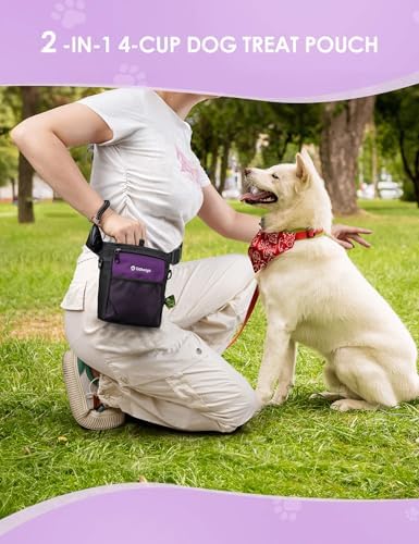 Gobeigo 4 Cup Dog Treat Pouch with Silicone Insert Bag& Clicker(Purple)