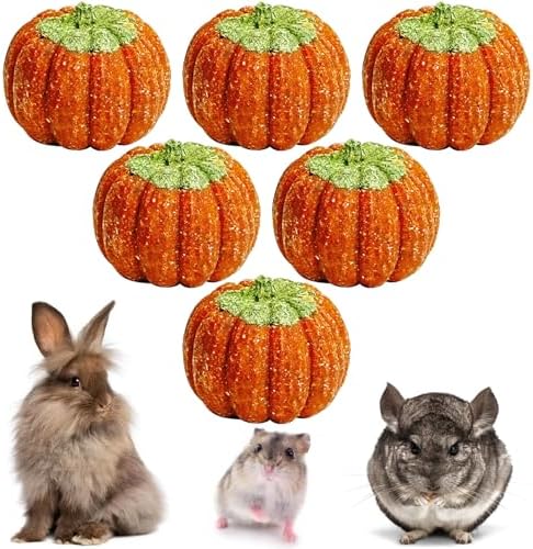 Fhiny 6 PCS Rabbit Chew Toys, Natural Pumpkin Carrot Timothy Grass Guinea Pig Chew Toys for Teeth Bunny Molar Snacks Dental Care Hamster Treats for Bunny Guinea Pig Chinchilla Hamster Gerbil