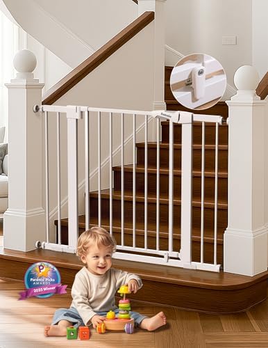 Babelio 29-43" Magnetic Baby Gate for Stairs,Doorways House,Kitchen,30" Tall Pet Door with Baffles,Pressure Mounted & Dual-Lock Design Safety for Kids Toddler,Auto-Close/Hold-Open,White