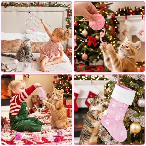 MALLMALL6 Christmas Stocking Cat Toys - 12Pcs Interactive Kitty Gifts Pink Xmas Hanging Stocking Feather Teaser Wand Mice Crinkle Bells Ball Spring Toys for Indoor Kitten