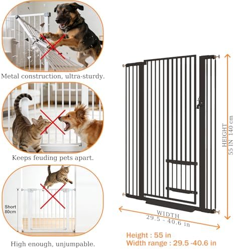 55.11" Extra Tall Pet Gate With Small Cat Door - 29.5-40.6 Wide, No Drilling Pressure Mount Kit for Cats and Dogs, Indoor Doorways, Living Room, Bedroom - Black