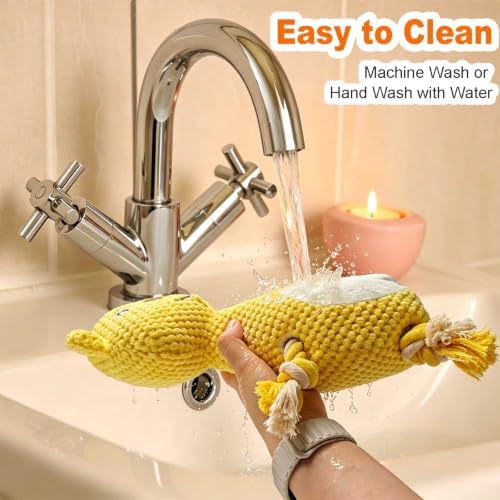 Yellow Bear Plush Chew Dog Toy, 13.4 in, Squeaker and Rope