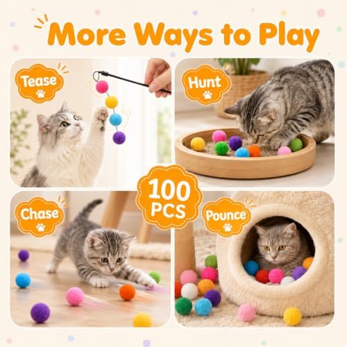 100 Pcs Cat Pom Pom Balls, 1 Inch Colorful Cat Toy Balls