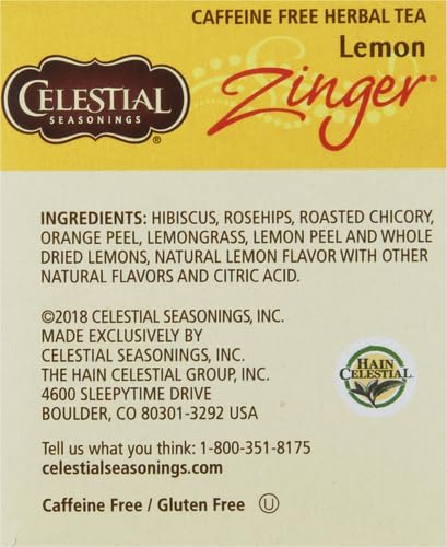Celestial Seasonings Lemon Zinger Herbal Tea Box, Caffeine Free, 20 Tea Bags (Pack of 2)