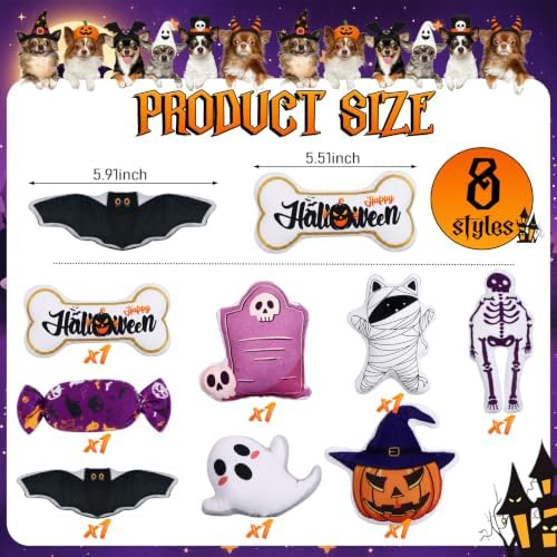 Soulchen 8 Pcs Halloween Dog Squeaky Toys, Plush Stuffed Chew Bulk with Squeakers, 8 Styles Interactive Funny Puppy Enrichment Set for Small Medium Pets