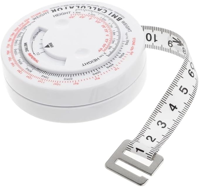 Body Mass Index Tape Measure, Retractable BMI Calculator for Diet and Fitness, 150cm Locking Measurement Tool for Waist, Hip, Thigh, Calf, Easy Read Scale, Plastic Case for Gym Use