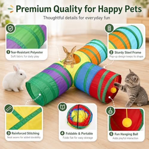Rabbit Tunnel Collapsible 3 Way Tunnels and Tubes with Interactive Ball Bunny Hideout - Small Animal Activity Tunnel Toys for Dwarf Rabbit, Guinea Pig, Kitty