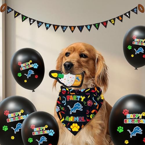NFL Detroit Lions Dog Birthday Party Set 9pcs with 1 Football Bandana Small/Medium, 1 Banner, 1 Birthday Cake Toy & 6 B-Day Balloons, Dog Birthday Set, Costume, Fun Doggie Pawty Accesories