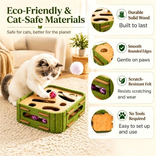 5-in-1 Cat Puzzle Box Toy for Indoor Cats Boredom Relief Interactive Wooden Cat Enrichment Maze with Balls, Feather Wands & Spiral Springs, Slow Feeder Treat Dispenser for Kittens & Adult Cats