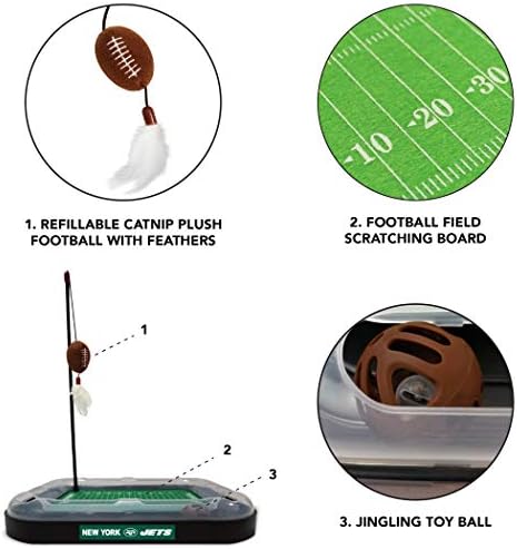 Cat Scratching Pets First NFL New York Jets Football Field CAT Scratcher Toy with Catnip Filled Plush Football Toy & Feather Cat Toy Hanging & Jingle Bell Interactive Ball Cat Chasing 5-in-1 Kitty Toy