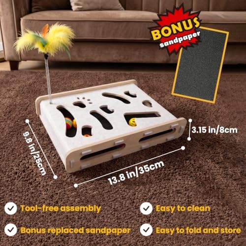 5-in-1 cat nail file scratcher enrichment box - interactive cat toys for indoor cats, Large felt cat puzzle feeder with replaceable sandpaper, Includes 6 balls ,4 spring toys,and feather toy(beige)