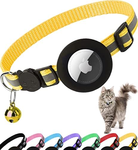 Airtag Cat Collar Breakaway, Cat Collar with Air Tag Holder, Yellow | Safety Breakaway Buckle,Airtag Holder,Reflective Strip,Bell,Adjustable Size to Fit Different Cats kitten,Lightweight