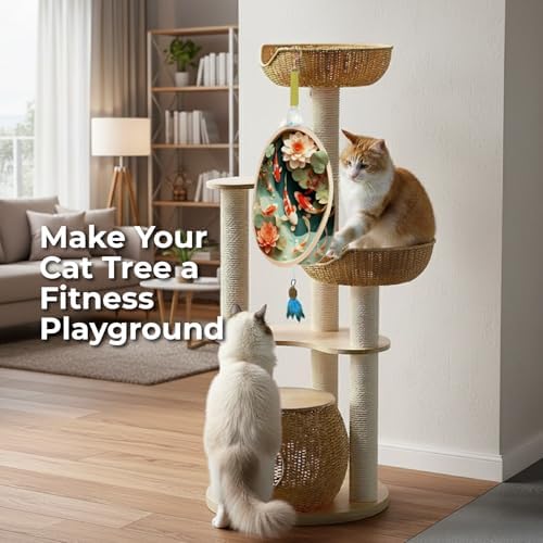 OtterVerz 11 Interactive Cat Toys for Indoor Cats, Automatic Concealed Hide and Seek Hanging Feather Cat Toy, Rechargeable Motion-Activated Enrichment Toys for Bored Adult Cats (Fish Pond Pattern