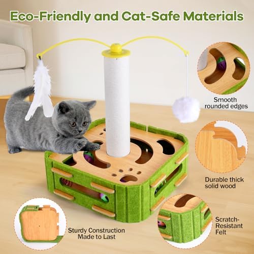 5-in-1 Cat Puzzle Box Toy for Indoor Cats Boredom Relief Interactive Wooden Cat Enrichment Maze with Balls, Feather Wands & Spiral Springs, Slow Feeder Treat Dispenser for Kittens & Adult Cats