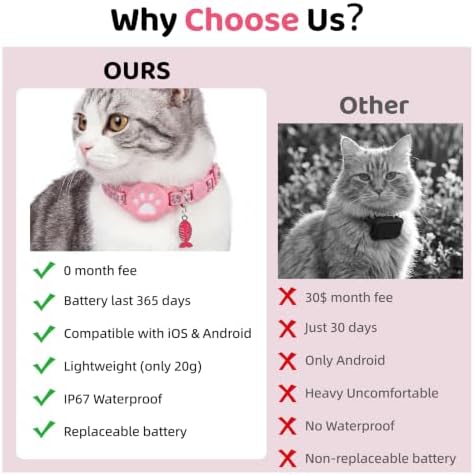 GPS Pet Tracker Collar, Mini Smart Real Time Tracking Tag for Cats Dogs, No Monthly Fee or SIM Breakaway Collars, IP68 Waterproof Detachable Finder 365-Day Battery Compatible with Apple iOS & Android