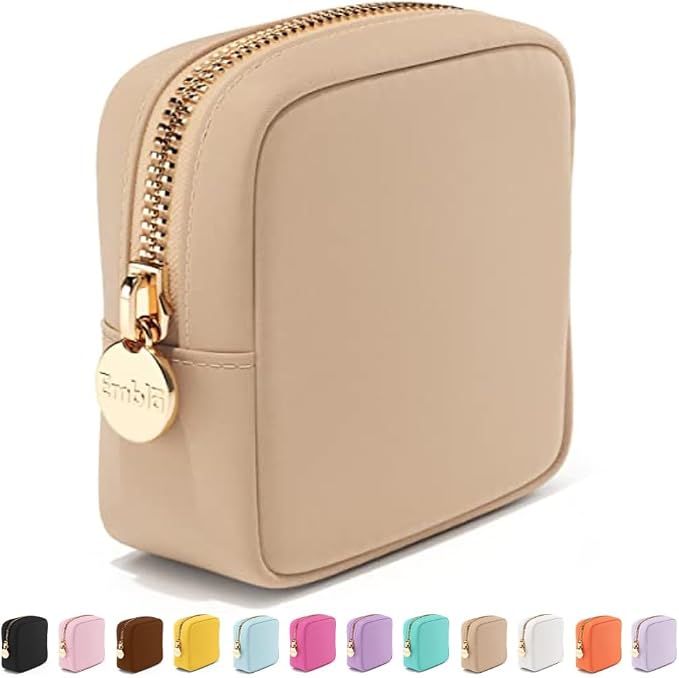 Embla Makeup Bag Travel Cosmetics Pouch and Toiletry Bag, Nylon Zipper Pouch Purse, Cute Make Up Organizer Storage Tote for Women Girls, Waterproof Travel Skincare Case, Small Makeup Bags, Sand