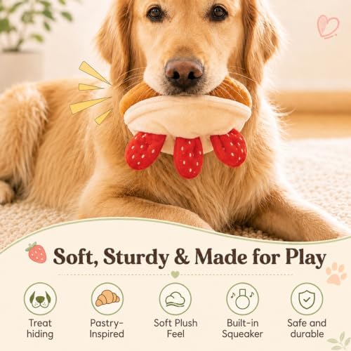 Snuffle Toys for Dogs, Strawberry Bread Dog Enrichment Toys, Squeaky Stuffed Plush Chew Toy for Mental Stimulation, Interactive Foraging Game