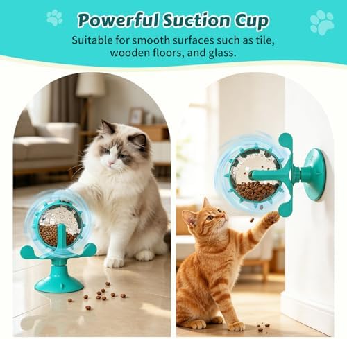 Cat Food Treat Dispenser Toy Interactive with 360°Rotating Windmill Suction Cup for Indoor Cats, Kittens & Small Dogs Slow Feeder Snack Exercise & Distribution Wheel Toy