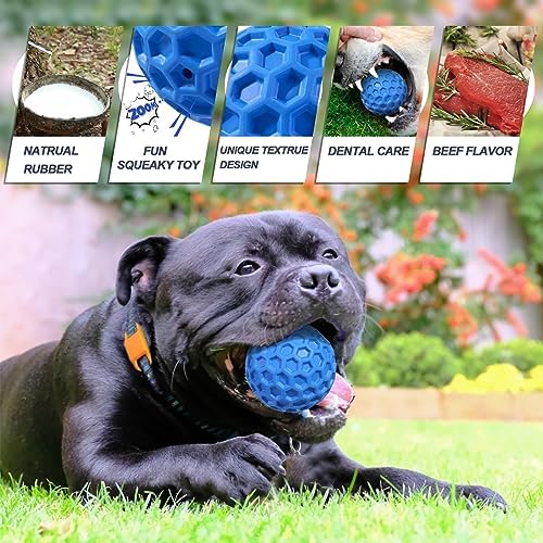 Squeaky Dog Balls, 2 Pack Indestructible Dog Toys for Aggressive Chewers Large/Medium Breed, Natural Rubber Interactive Chew Toys for Teeth Clean, Relieves Anxiety（Blue + Orange）