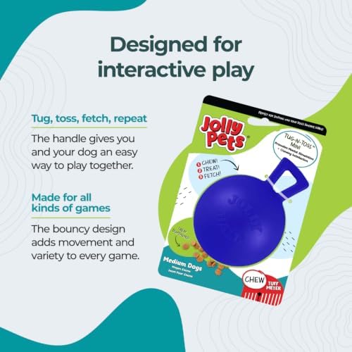 Jolly Pets Tug-n-Toss Heavy Duty Dog Toy Ball with Handle, 4 Inches/Petite, Blue (404 BL),Small Breeds